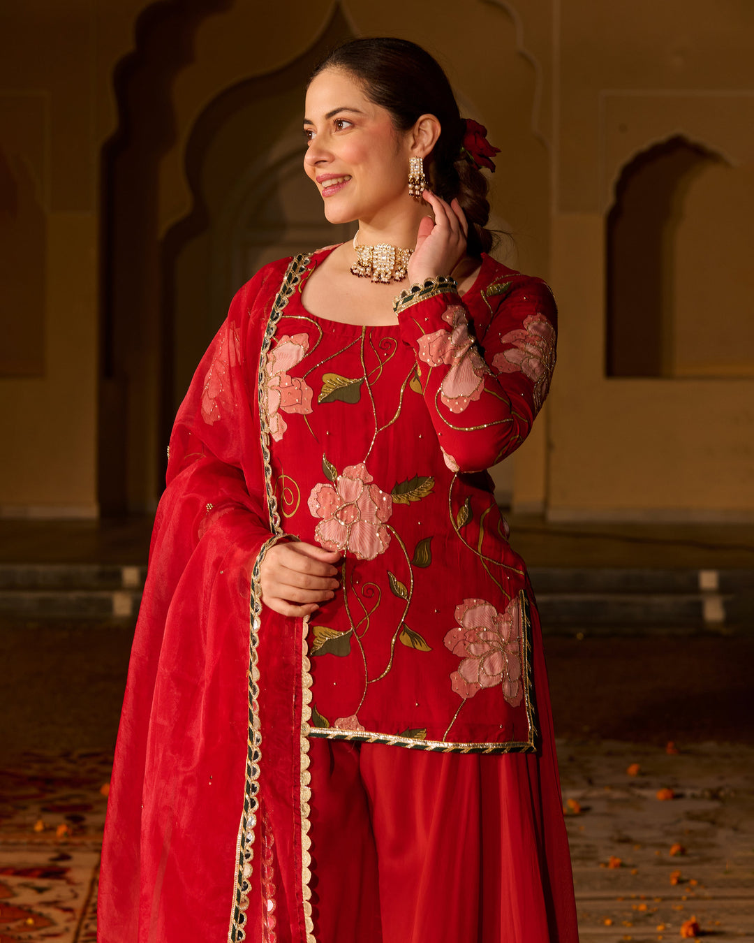 Azmat Maroon Printed Viscose Organza Suit Set