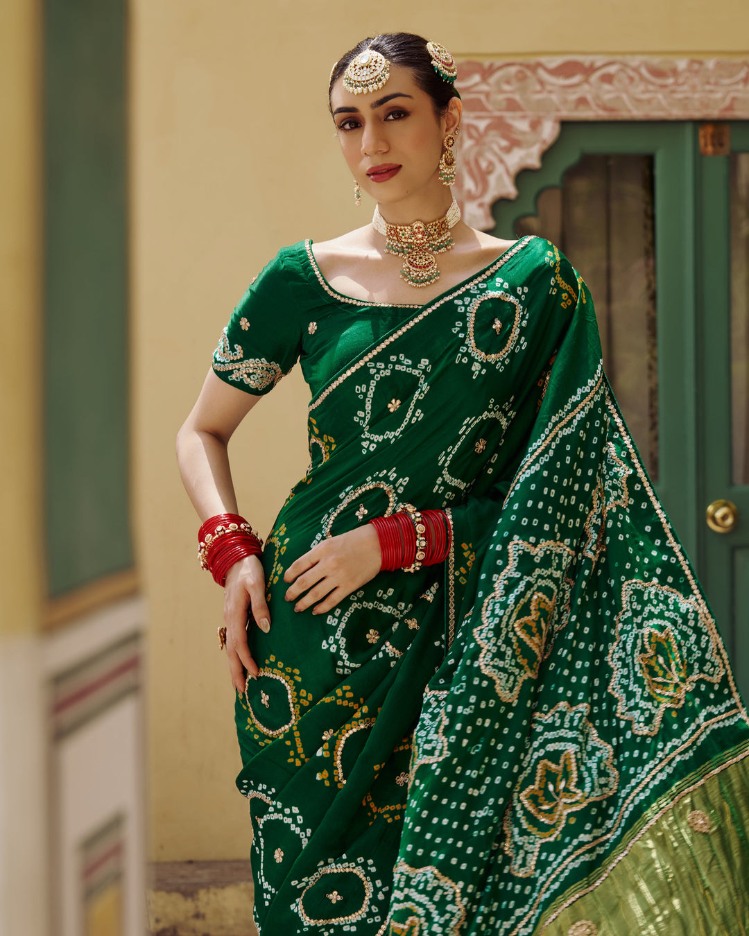 Varsha Green Embroidered Kajol Bandhej Silk Saree