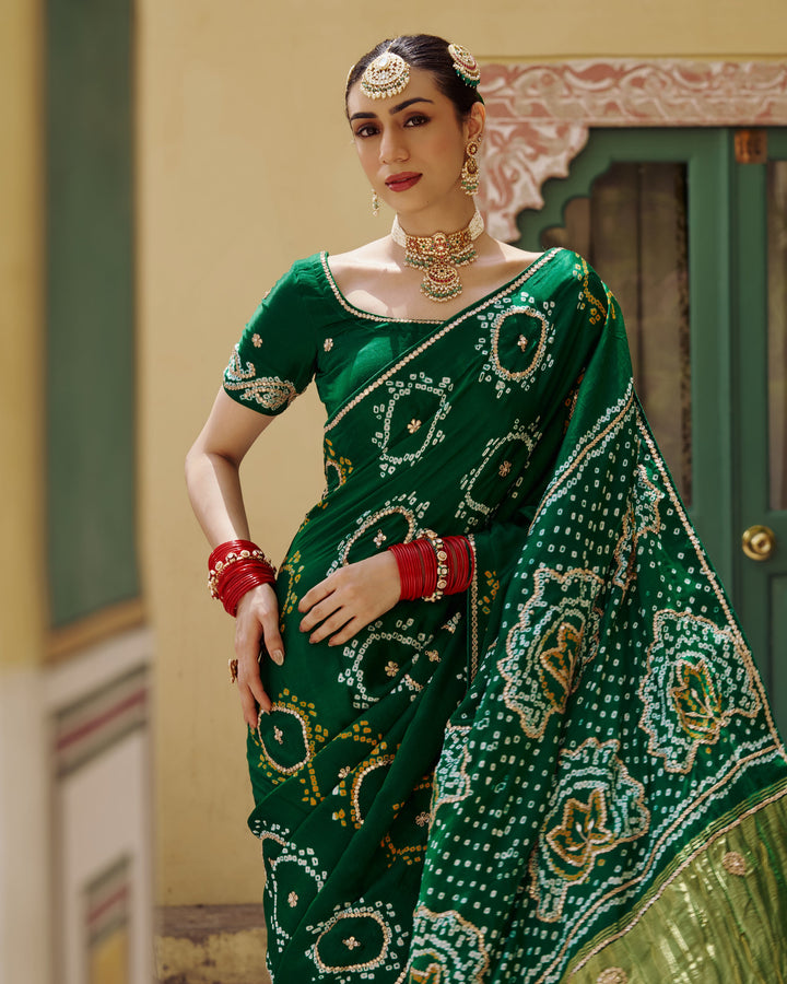 Varsha Green Embroidered Kajol Bandhej Silk Saree