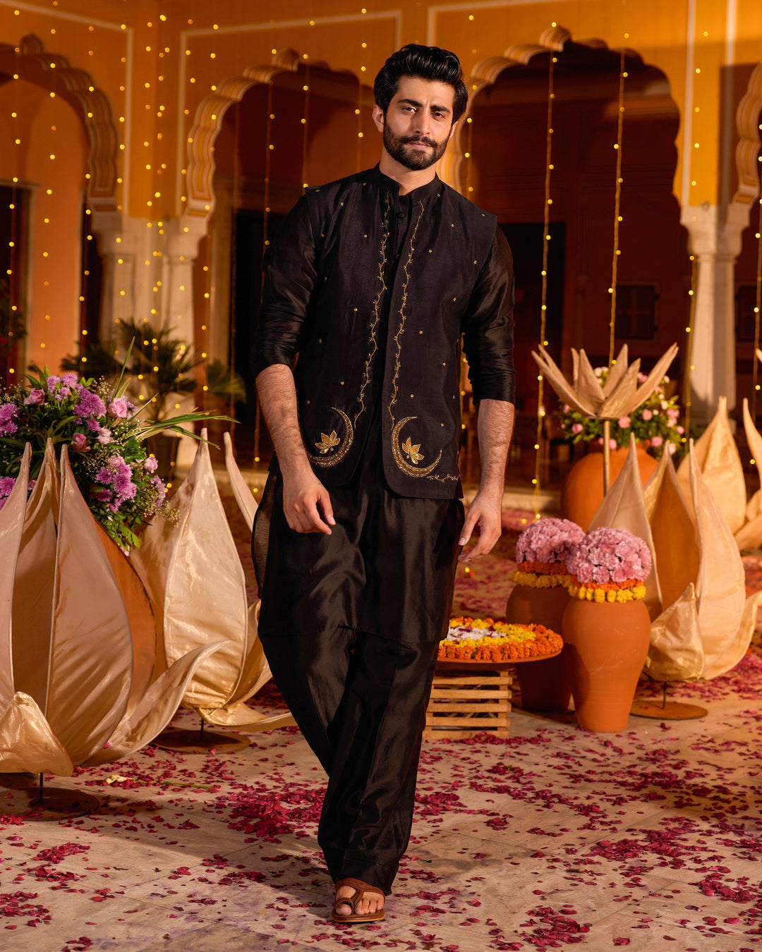 Ratan Black Chanderi Embroidered Jacket And Kurta Set