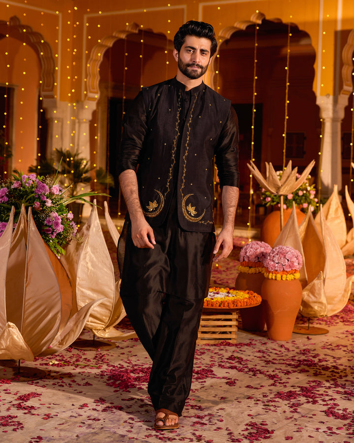 Ratan Black Chanderi Embroidered Jacket And Kurta Set