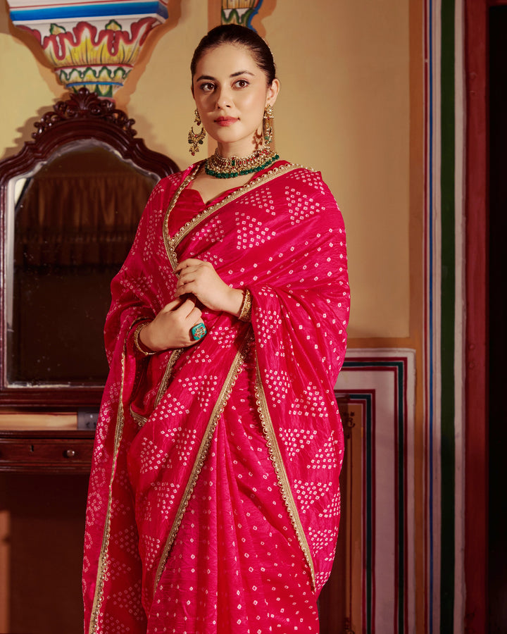 Rangika Pink Bandhej Silk Saree