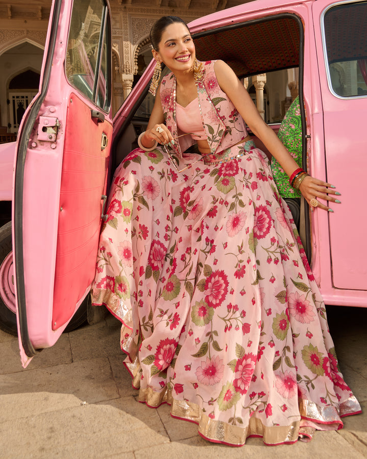 Noble Light Pink Printed Viscose Organza Lehenga Set