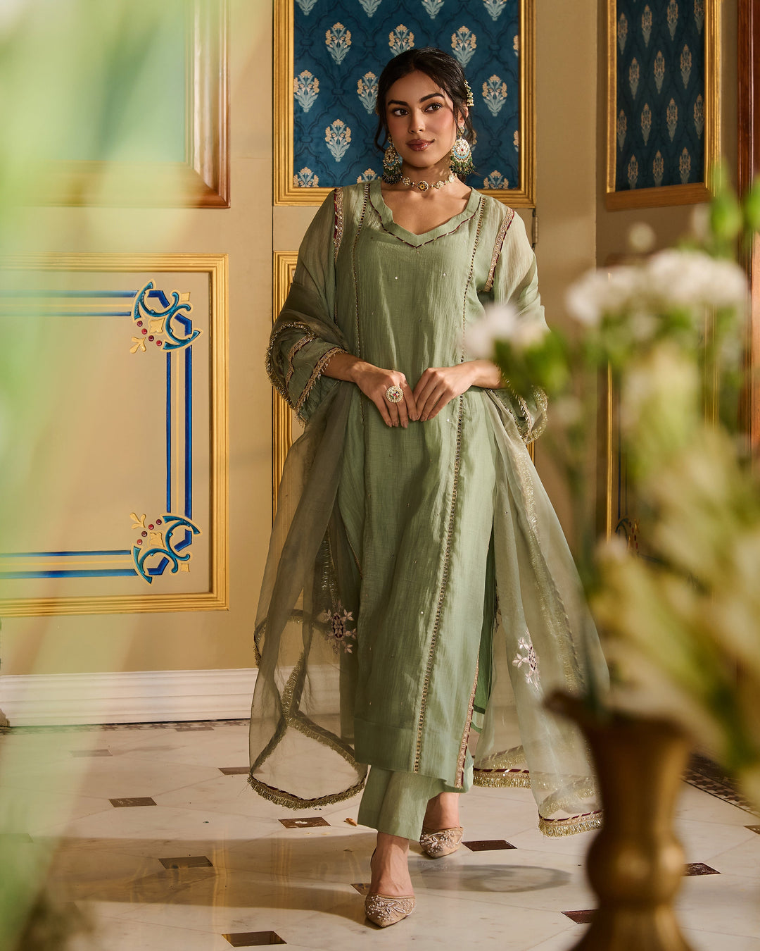 Prabhira Sage Green Embroidered Chanderi Suit Set