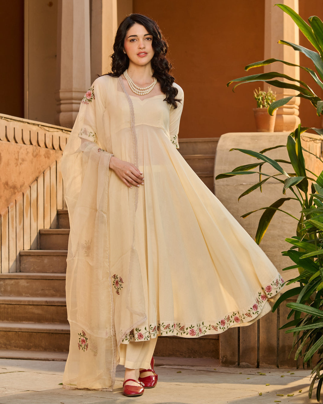 Nazra Cream Embroidered Cotton Suit Set