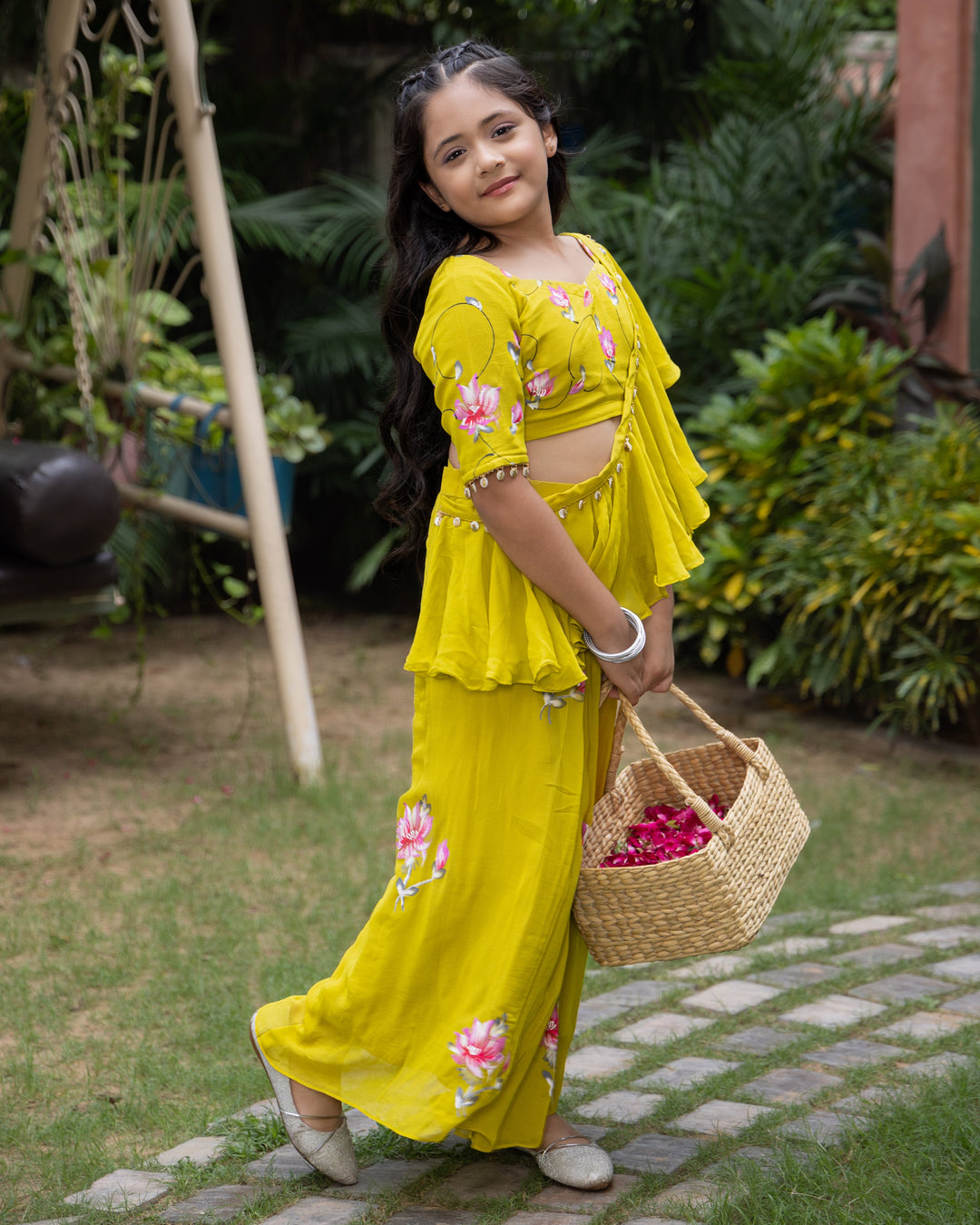 Petunia Lime Handpainted Georgette Pre Draped Saree