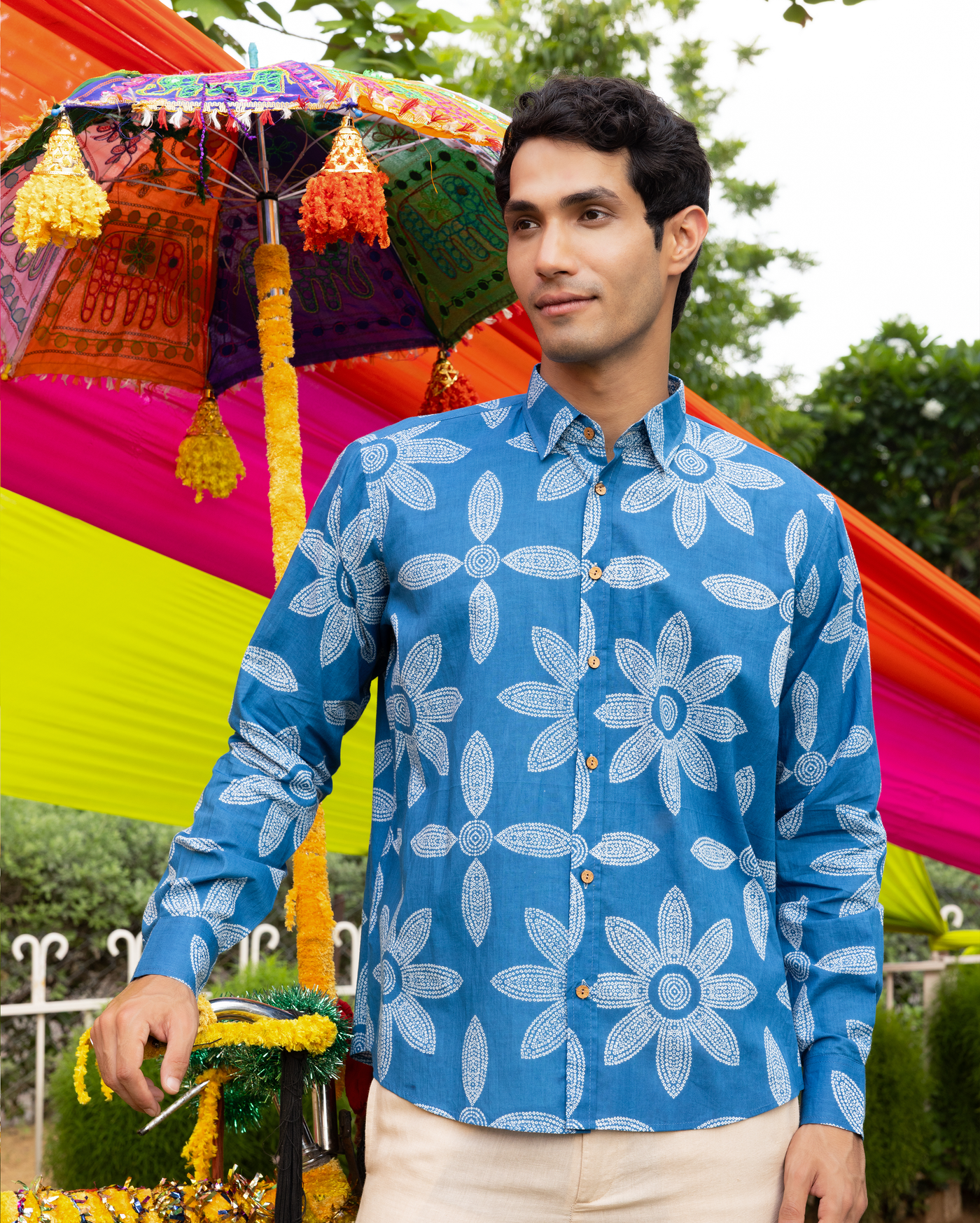 Prithul Blue Bandhani Cotton Shirt
