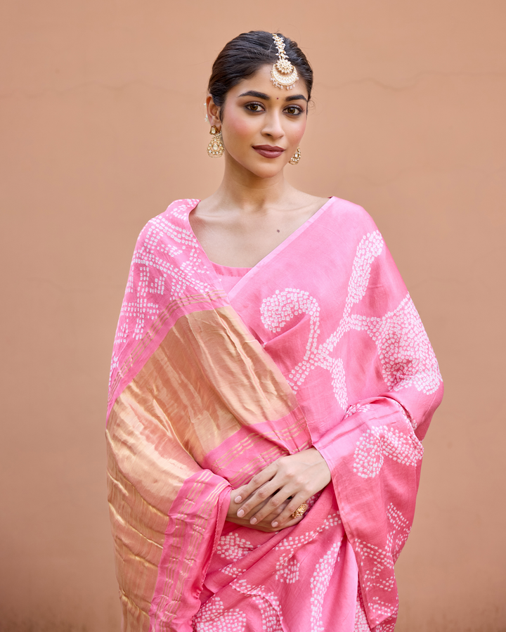Madhurya Pink Gajji Silk Bandhej Saree