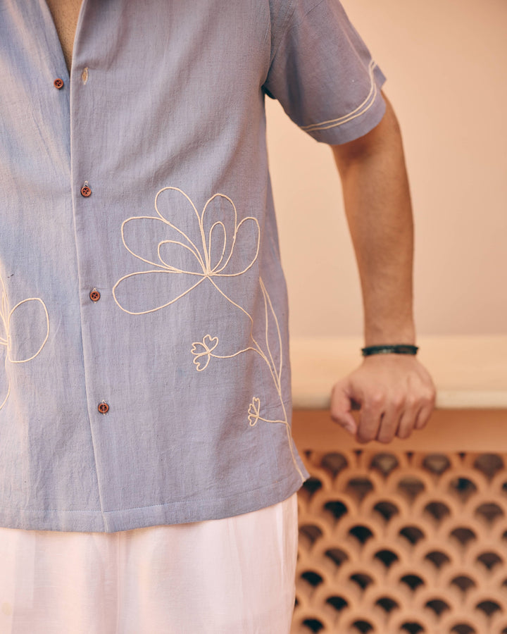 Rilo Blue Cotton Flex Embroidered Shirt