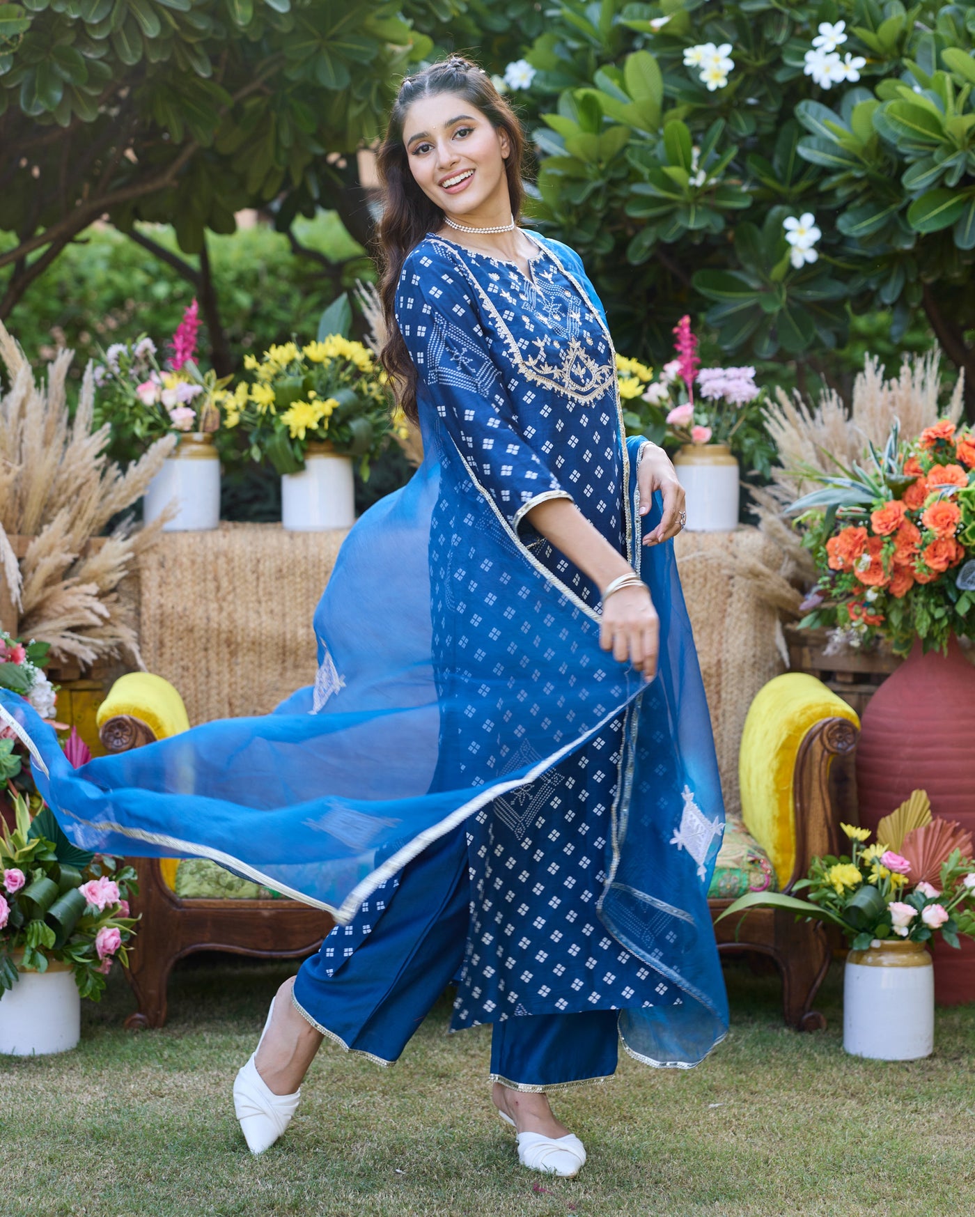 Sargam Blue Bandhani Chanderi Suit Set