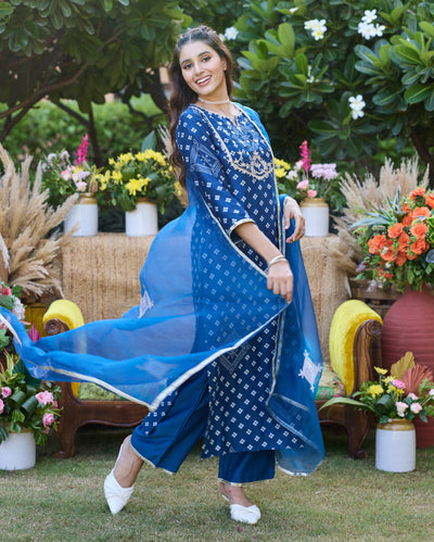 Sargam Blue Bandhani Chanderi Suit Set