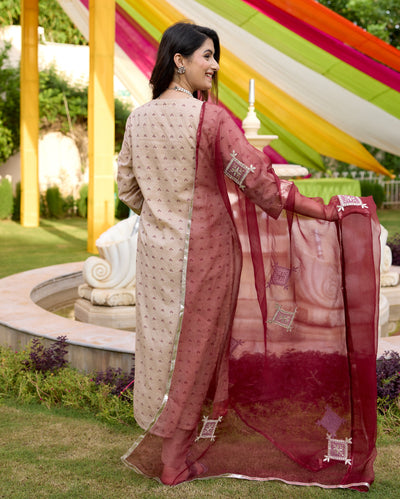 Kriti Beige Bandhani Chanderi Suit Set