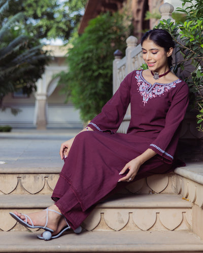 Chic Brown Embroidered Flex Kurta Set