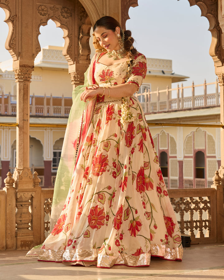 Fiza Cream Printed Viscose Organza Lehenga Set