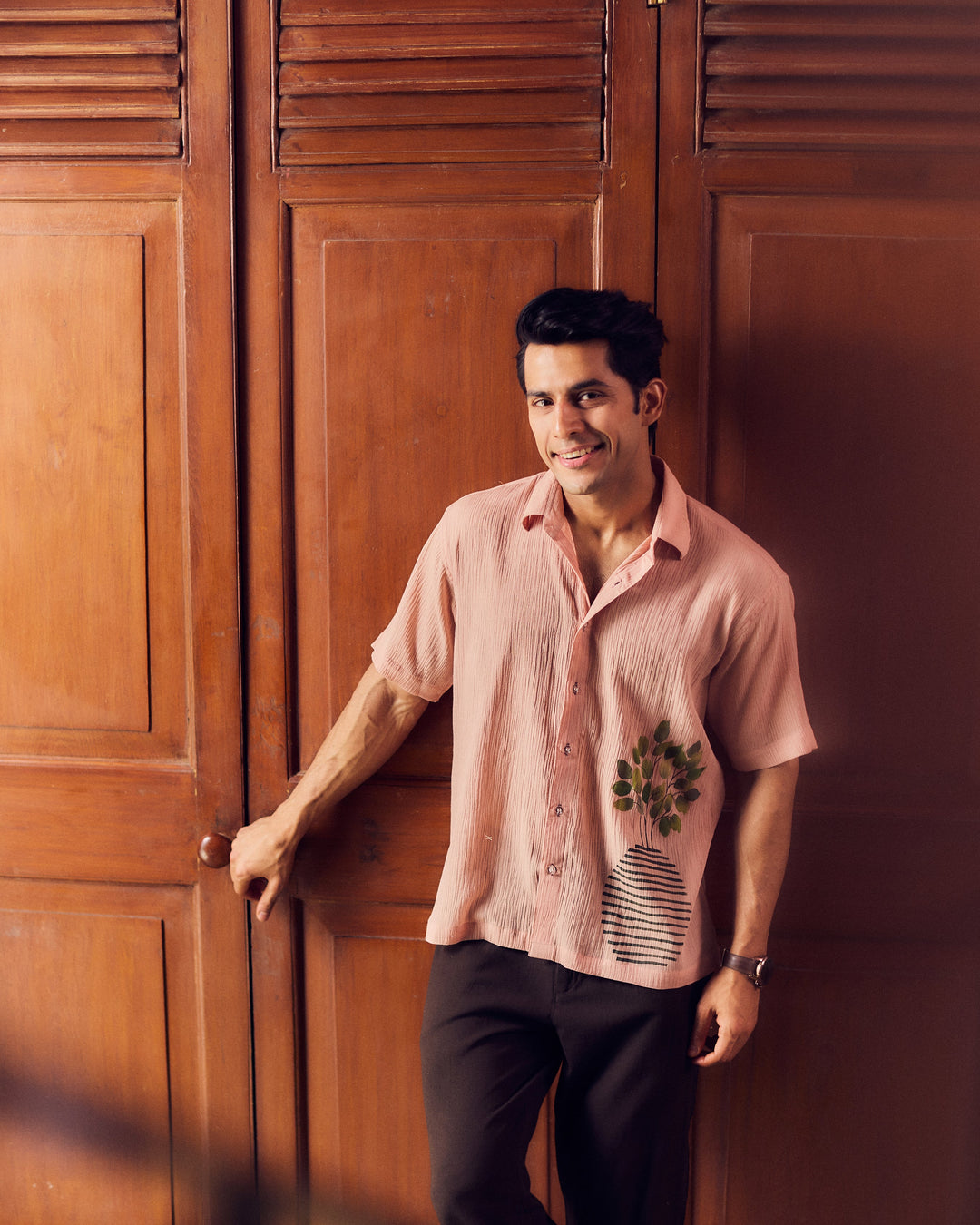Nikhil Beige Cotton Crush Handpainted Shirt