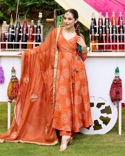 Kahani Orange Bandhani Chanderi Suit Set