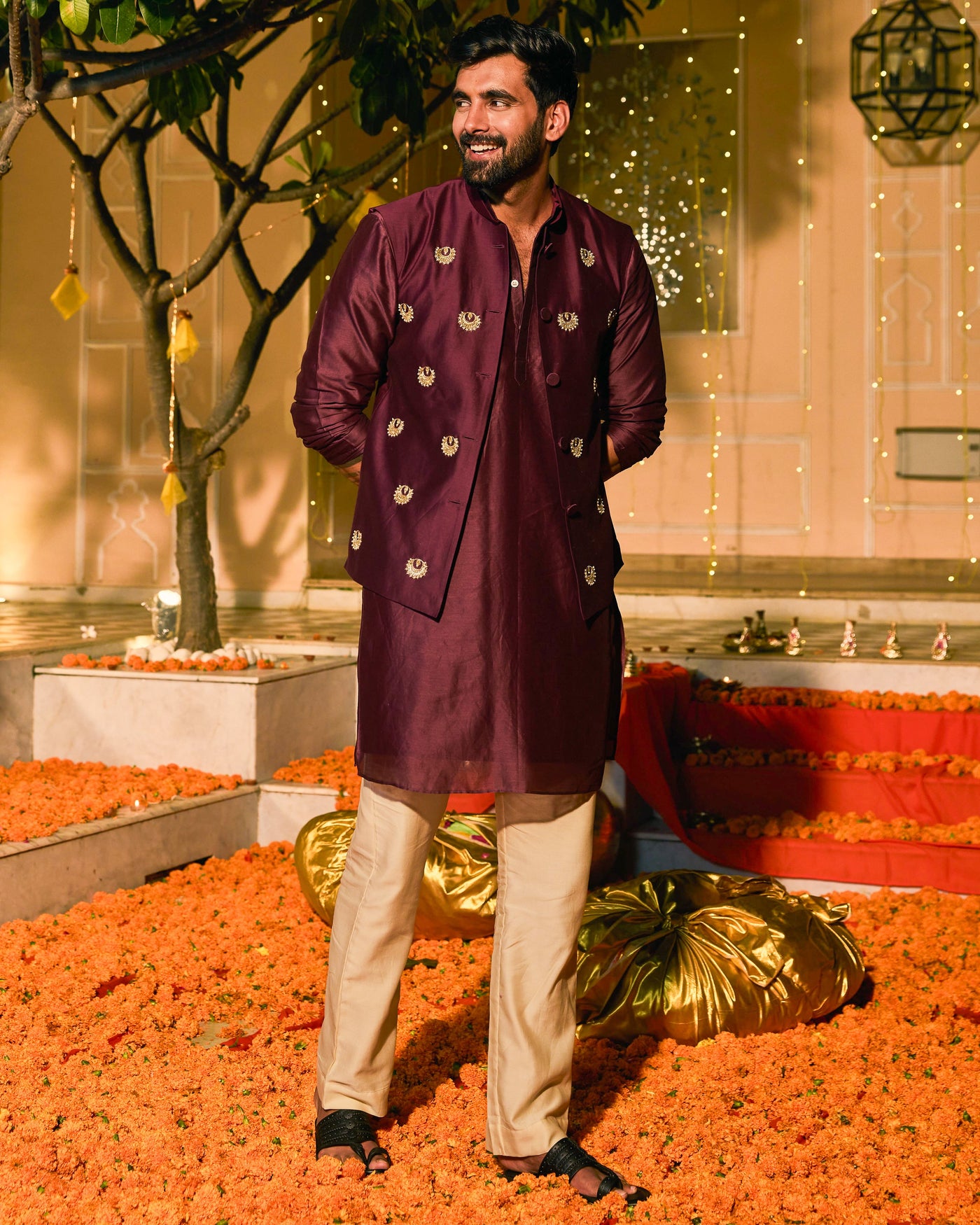 Parakram Plum Embroidered Chanderi Jacket And Kurta Set