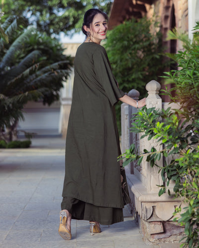 Forest Green Embroidered Cotton Kurta Set
