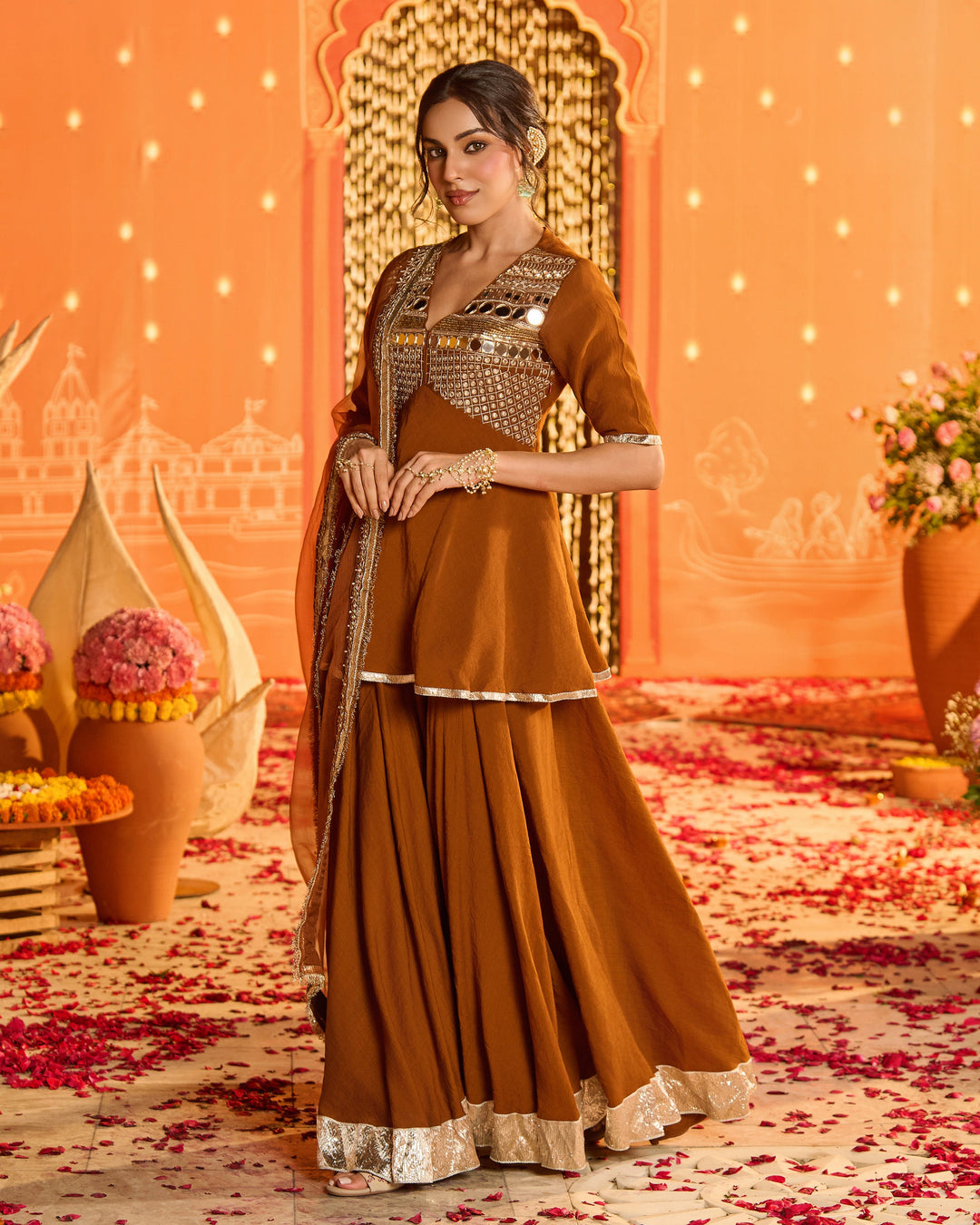 Shree Brown Embroidered Crush Suit Set