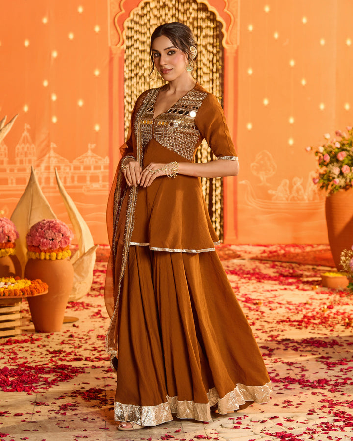 Shree Brown Embroidered Crush Suit Set