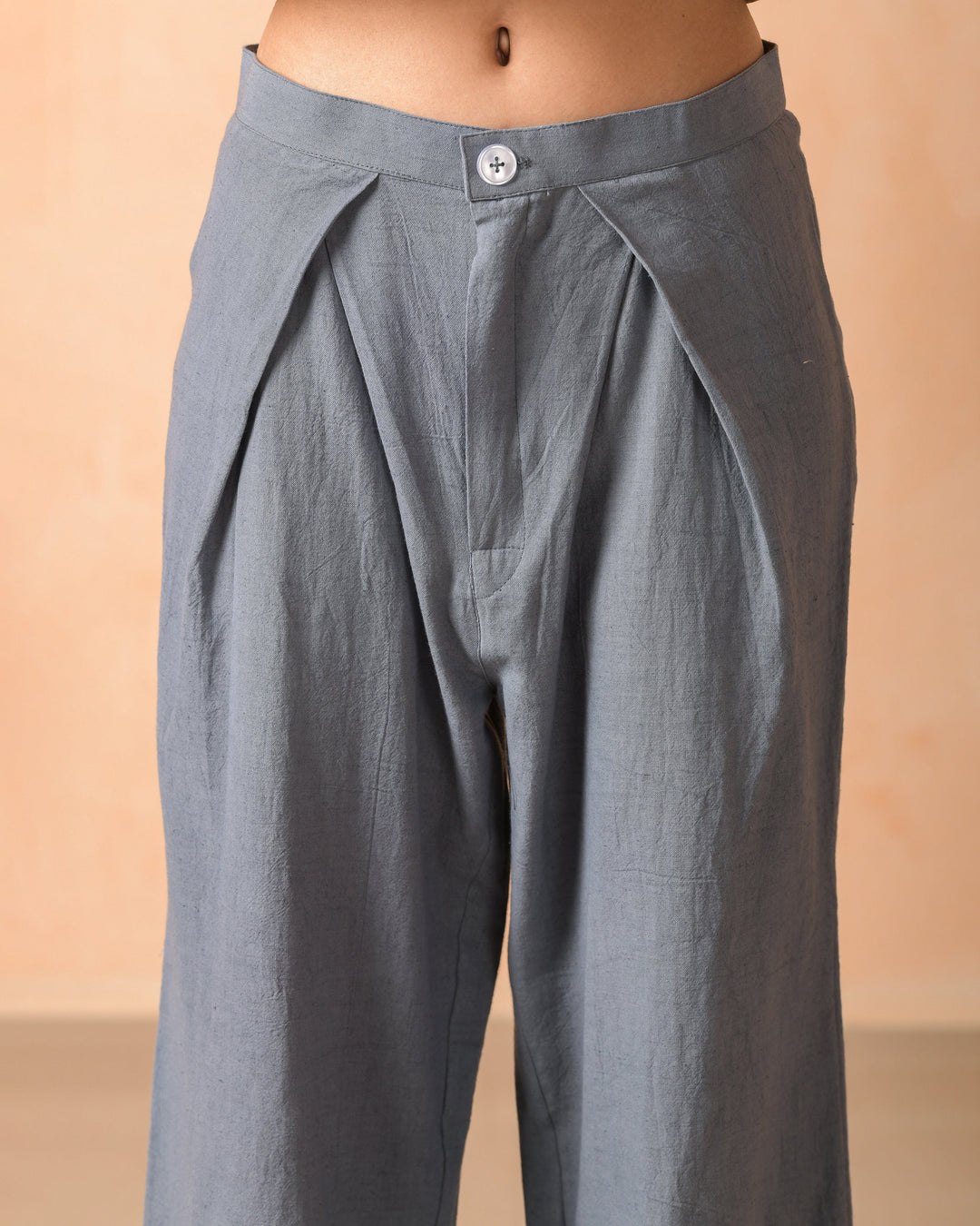 Mirel Grey Cotton Flex Solid Pleat Straight Pants