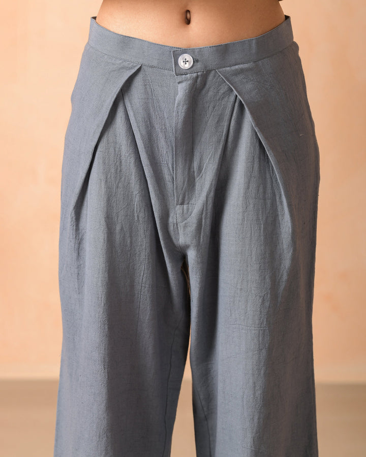 Mirel Grey Cotton Flex Solid Pleat Straight Pants