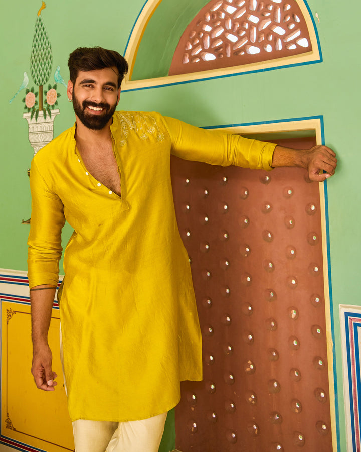 Sourabh Yellow Chanderi Embroidered Kurta