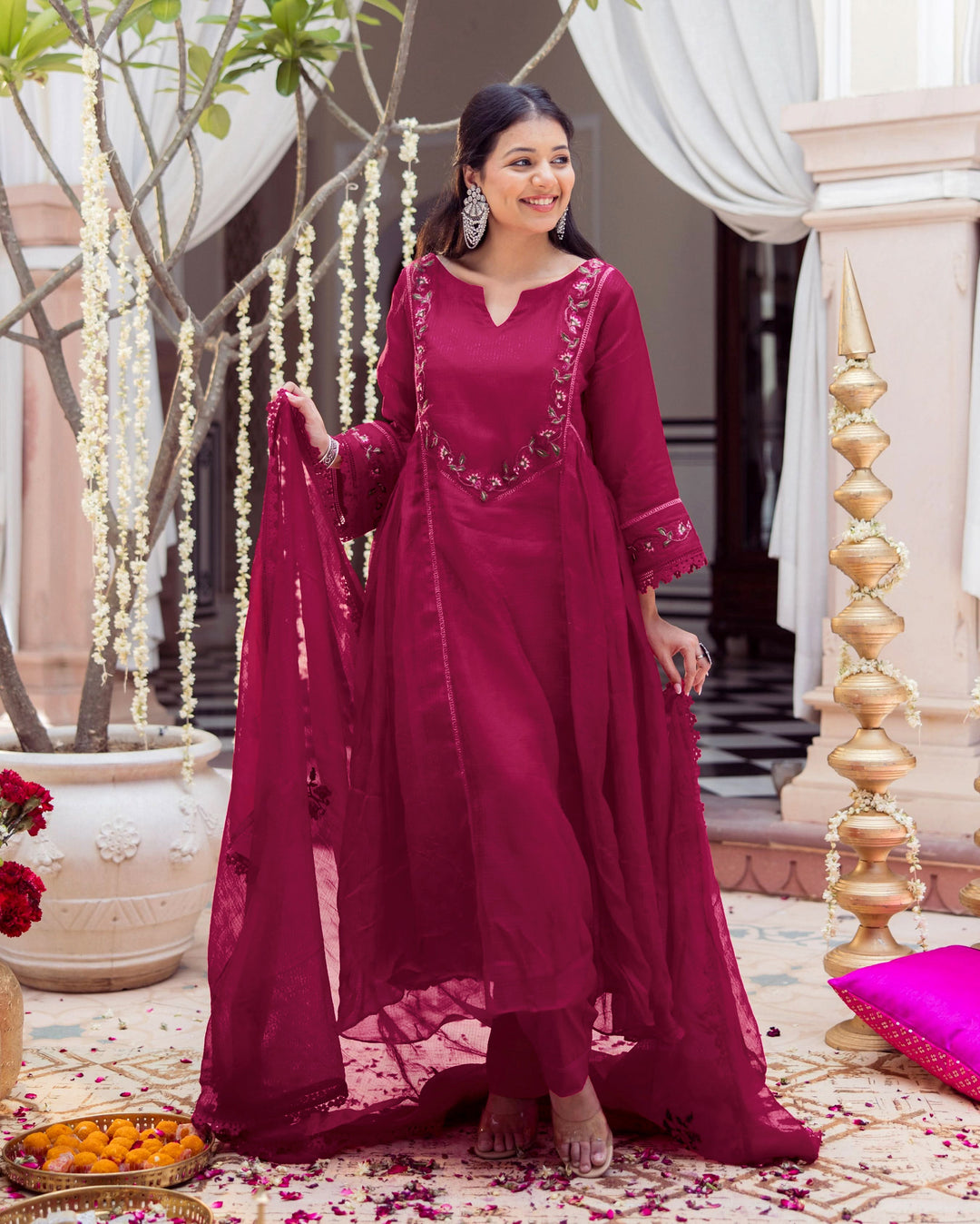 Reesh Burgundy Embroidered Doria Suit Set