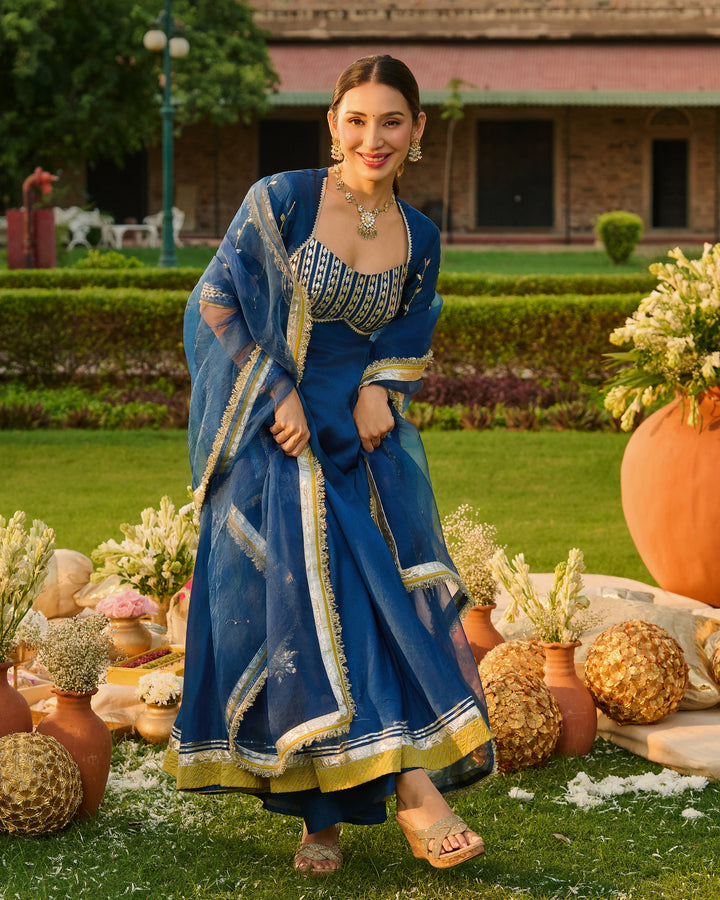 Deepisha Blue Embroidered Chanderi Suit Set