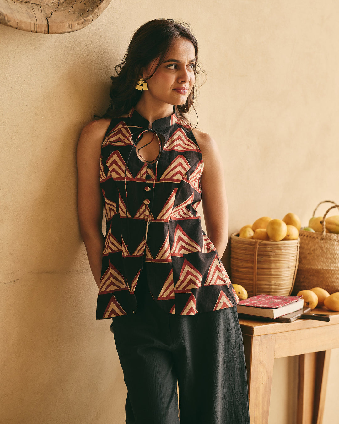 Kaile Black And Beige Cotton Printed Coord Set
