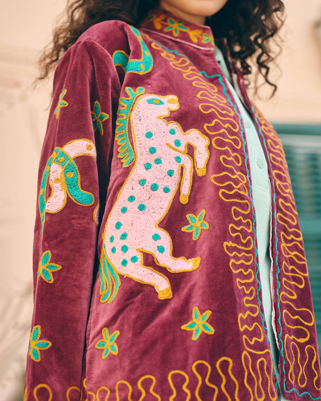 Burgessa Maroon Velvet Suzani Jacket