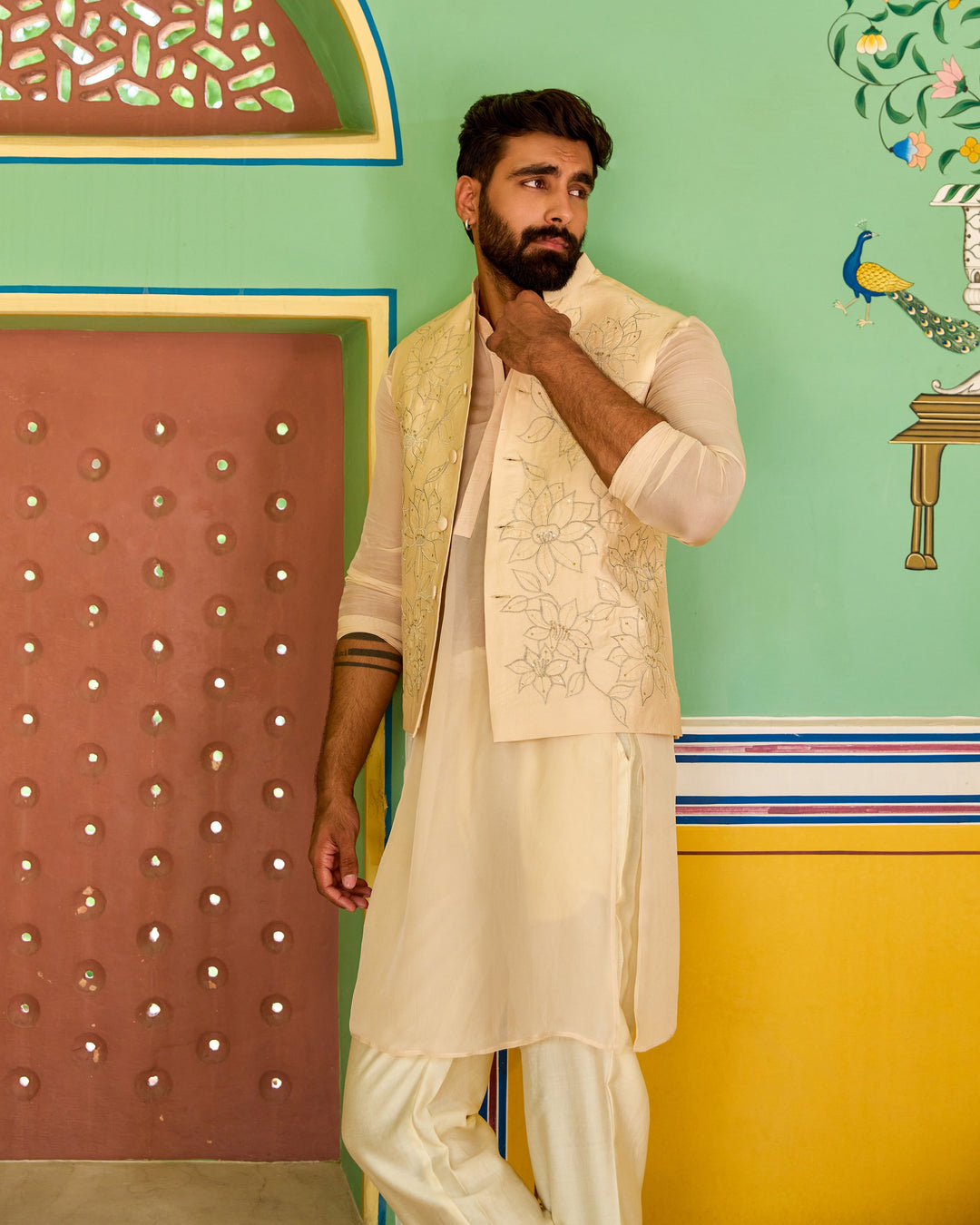 Parag Beige Embroidered Silk Jacket And Kurta Set