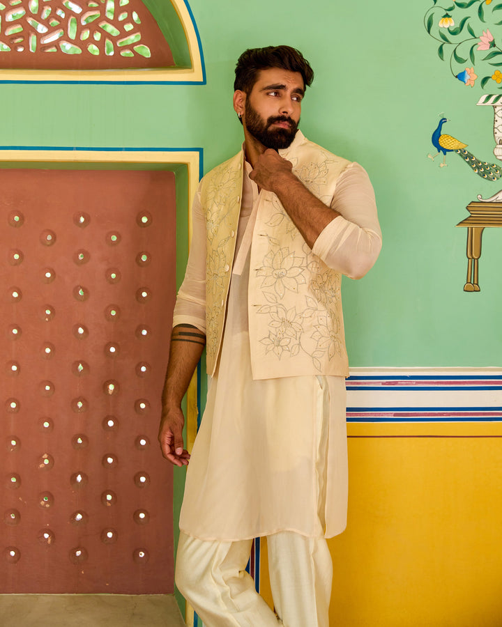Parag Beige Embroidered Silk Jacket And Kurta Set