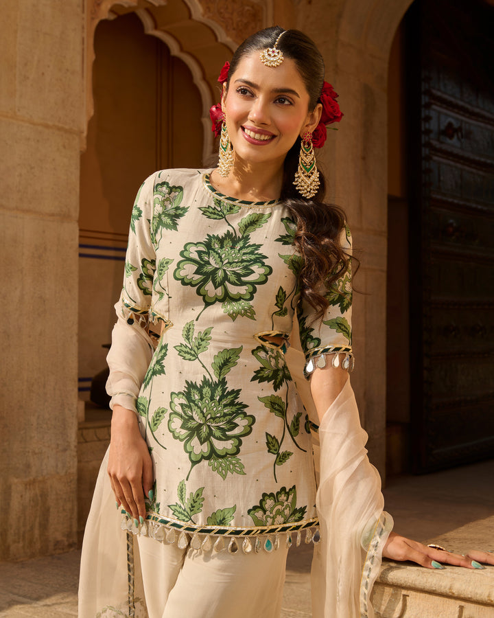 Opal Grey Printed Chanderi Suit Set