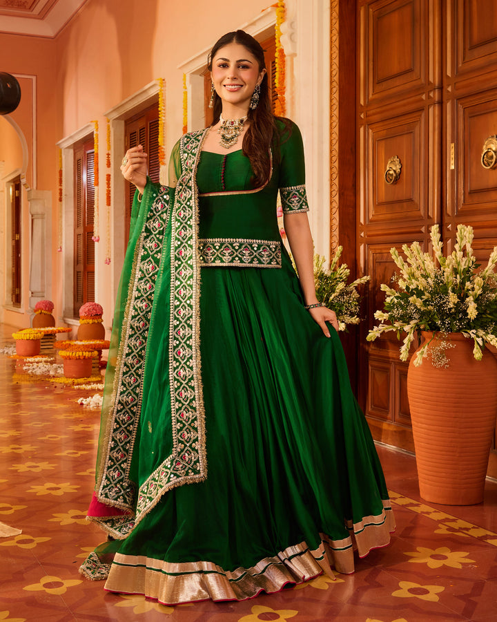 Rangoli Green Embroidered Chanderi Lehenga Set
