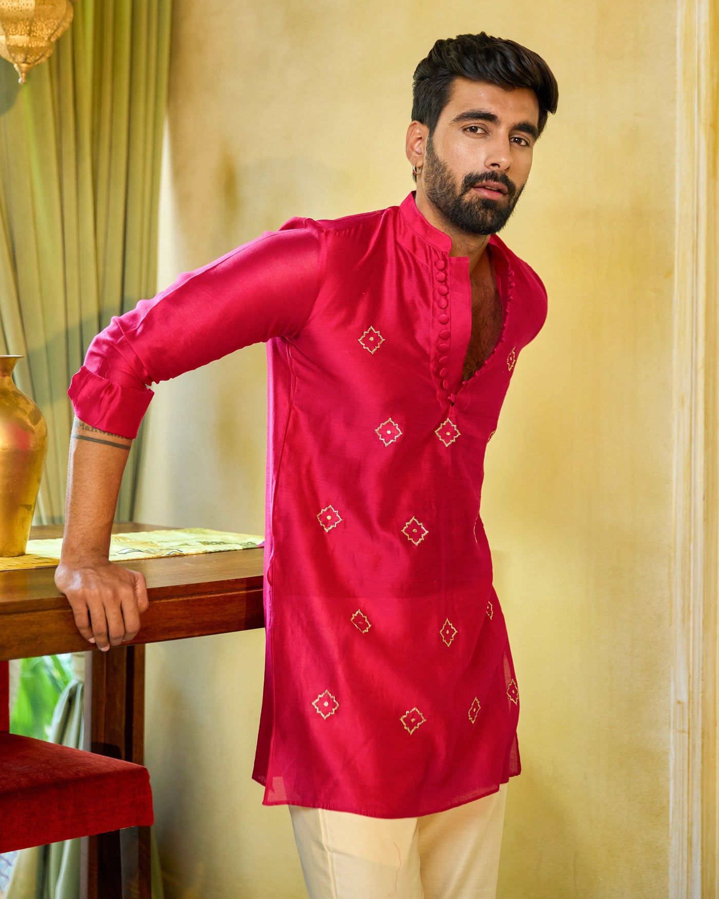 Manik Pink Embroidered Chanderi Kurta