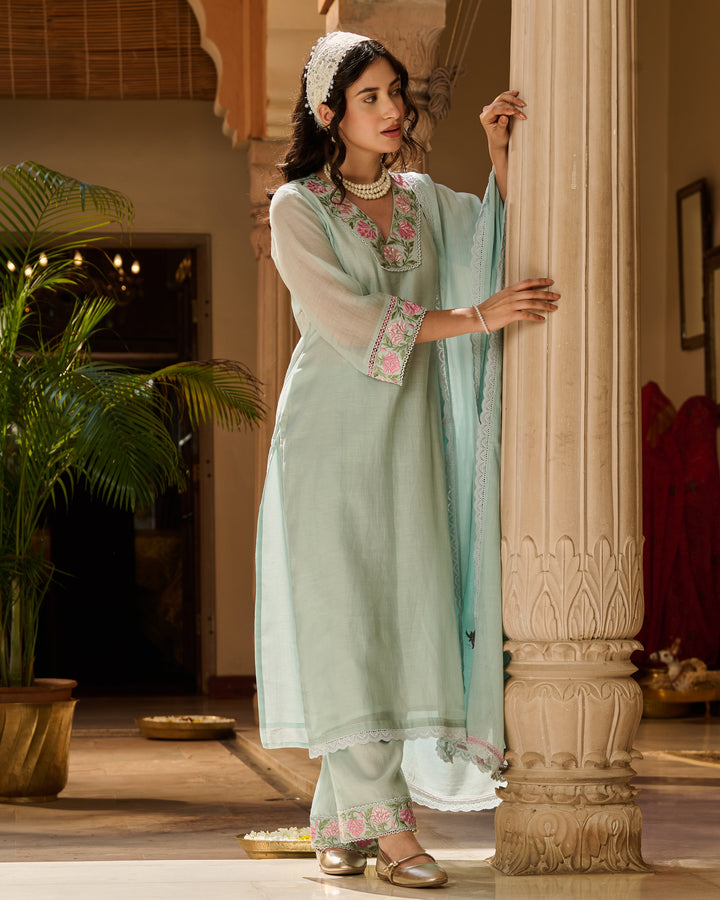 Neer Blue Embroidered Chanderi Suit Set
