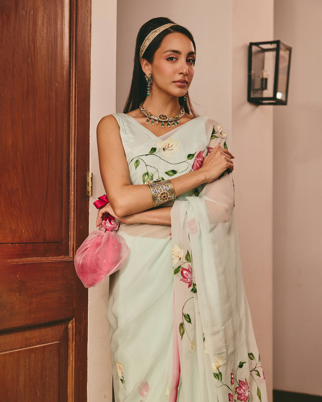 Glabra Sea Green Handpainted Chiffon Saree