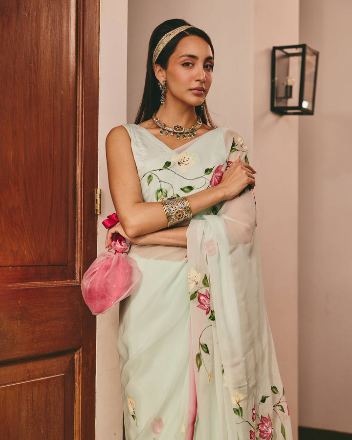 Glabra Sea Green Handpainted Chiffon Saree