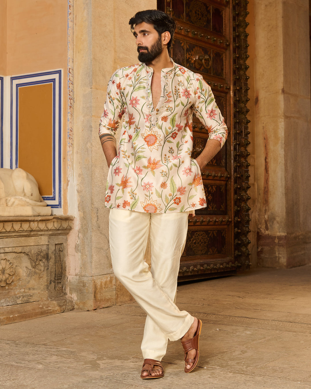 Atharv Ivory Printed Chanderi Kurta
