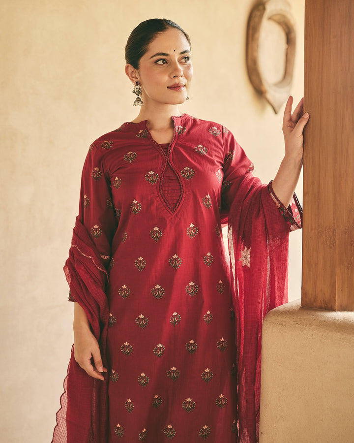 Esya Maroon Cotton Printed Suit Set
