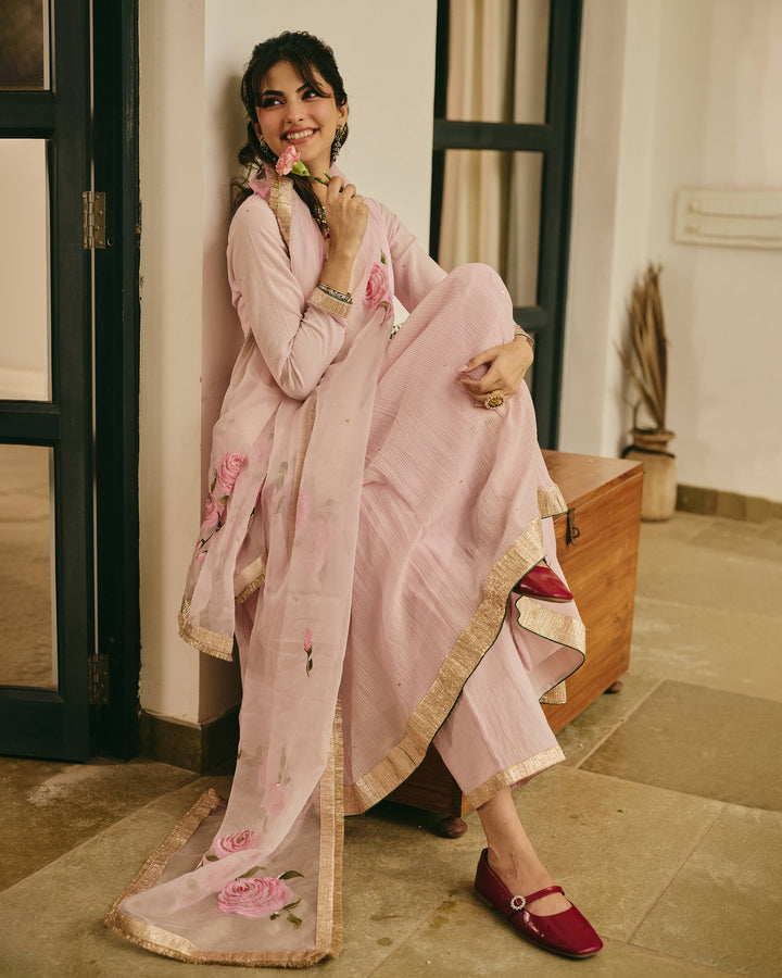 Varnya Pink Handpainted Crushed Cotton Suit Set