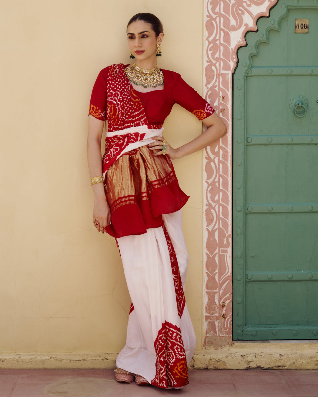 Champa White Kajol Bandhej Silk Saree