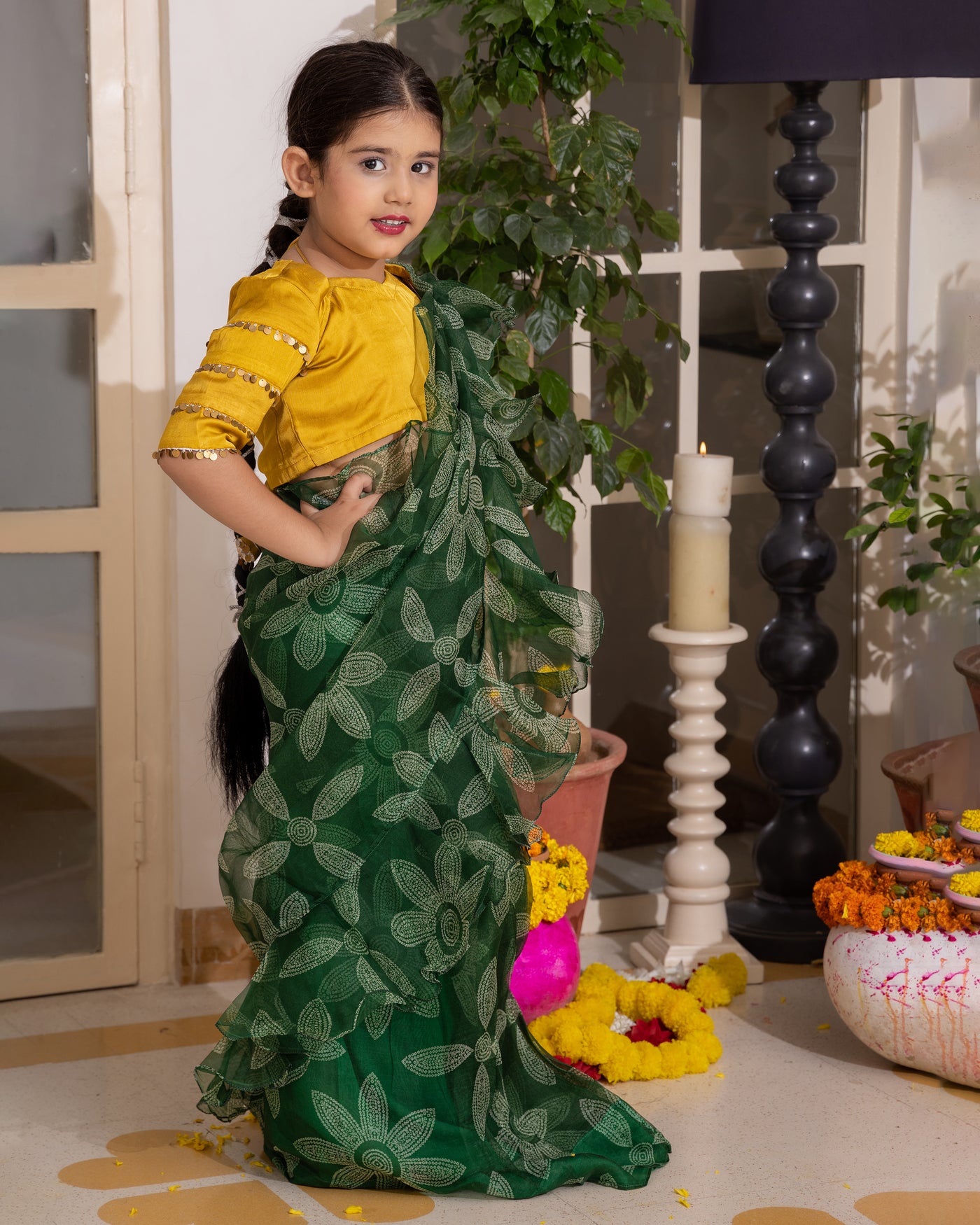 Dua Green Bandhani Organza Pre Draped Saree