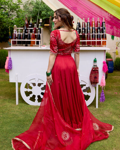 Amrit Red Bandhani Satin Lehenga Set