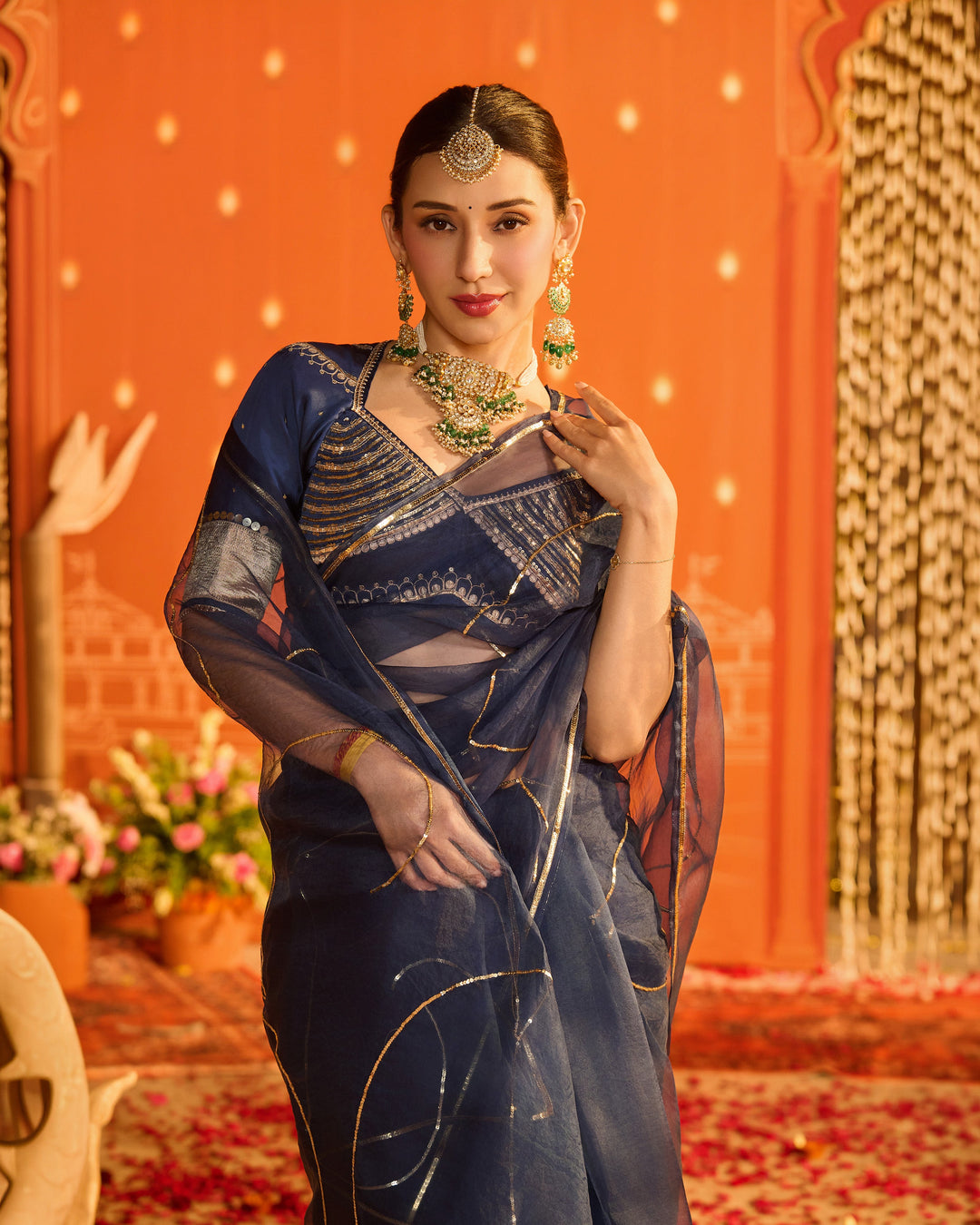 Noorika Blue Embroidered Satin Aangi Blouse And Saree