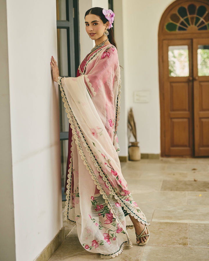 Zirel Pink Handpainted Cotton Suit Set