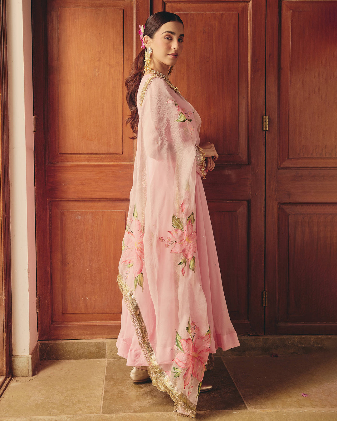 Kalpini Pink Handpainted Viscose Organza Suit Set