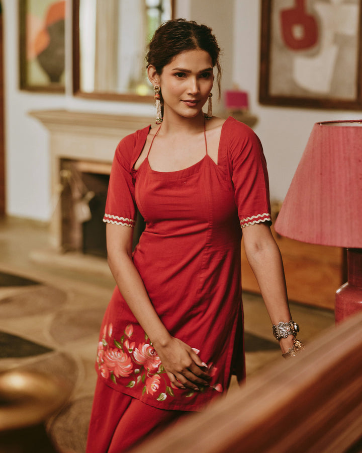 Varnit Orange Handpainted Cotton Coord Set