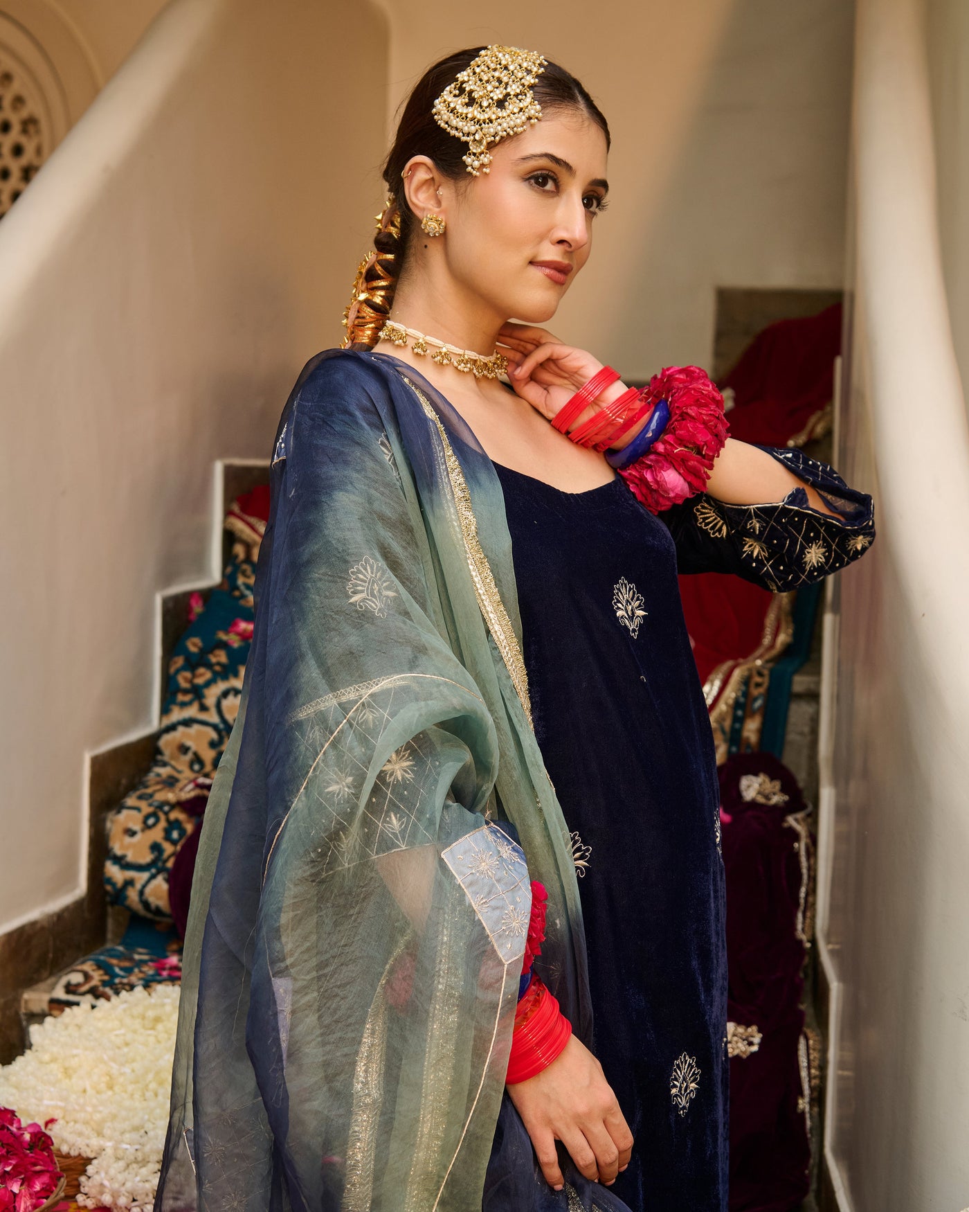 Rayan Blue Embroidered Velvet Suit Set